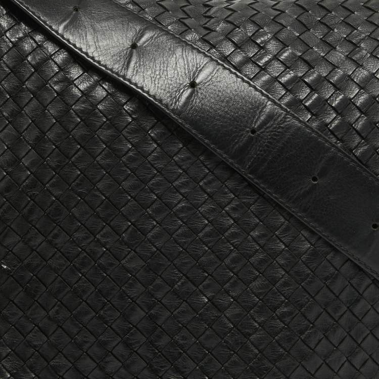 Pre Owned Bottega Veneta Black Intrecciato Leather Flap Messenger Bag