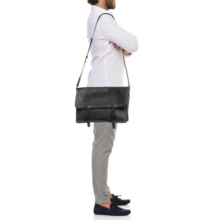 Pre Owned Bottega Veneta Black/Grey Intrecciato Leather and Nylon Messenger Bag