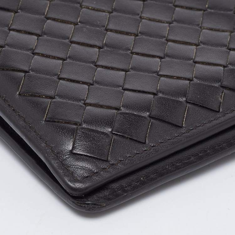 Pre Owned Bottega Veneta Dark Brown Intrecciato Leather Bifold Wallet