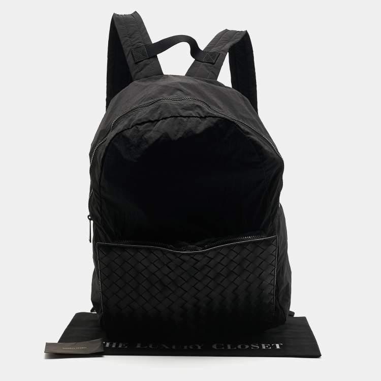 Pre Owned Bottega Veneta Black Intrecciato Leather and Nylon Foldable Backpack