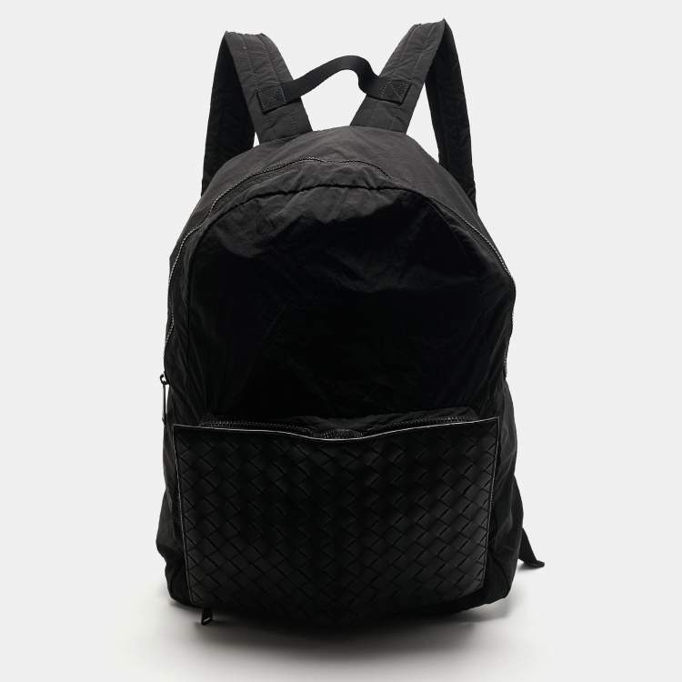 Pre Owned Bottega Veneta Black Intrecciato Leather and Nylon Foldable Backpack