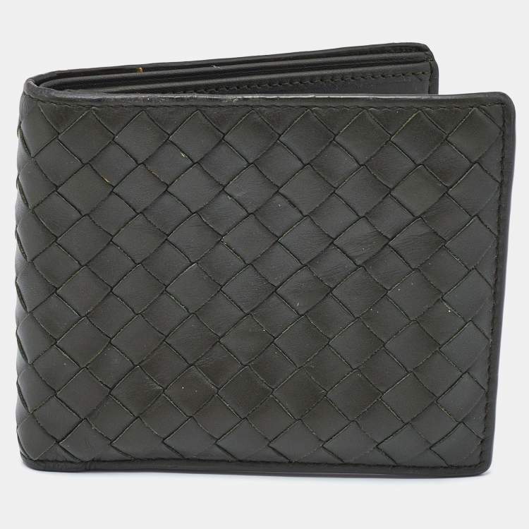 Pre Owned Bottega Veneta Olive Green Intrecciato Leather Bifold Wallet