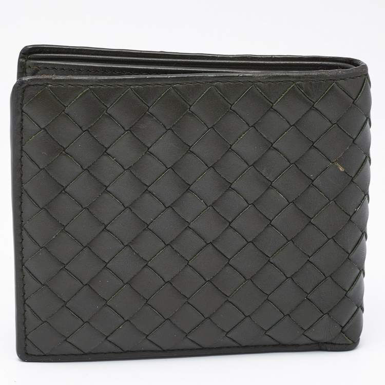 Pre Owned Bottega Veneta Olive Green Intrecciato Leather Bifold Wallet