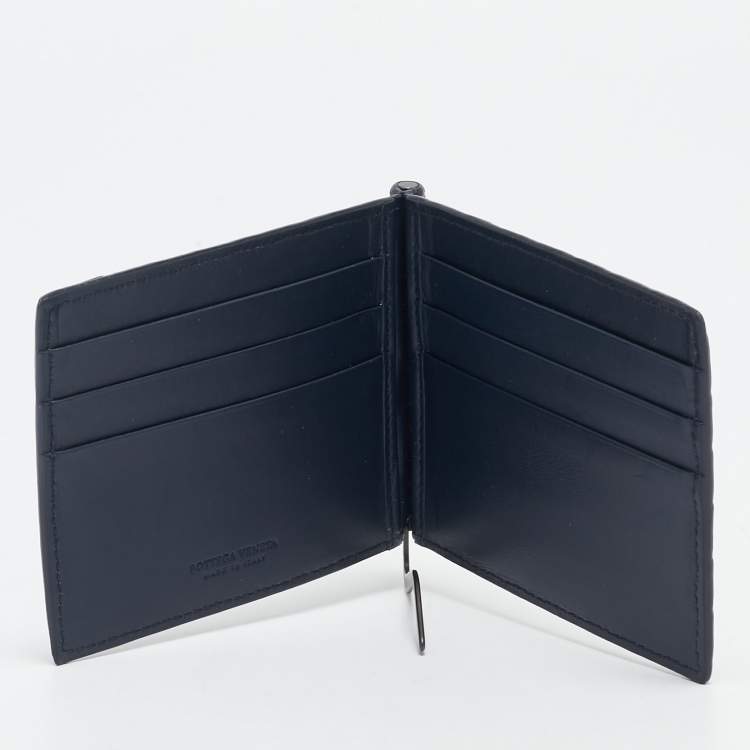 Pre Owned Bottega Veneta Navy Blue Intrecciato Leather Money Clip Bifold Wallet