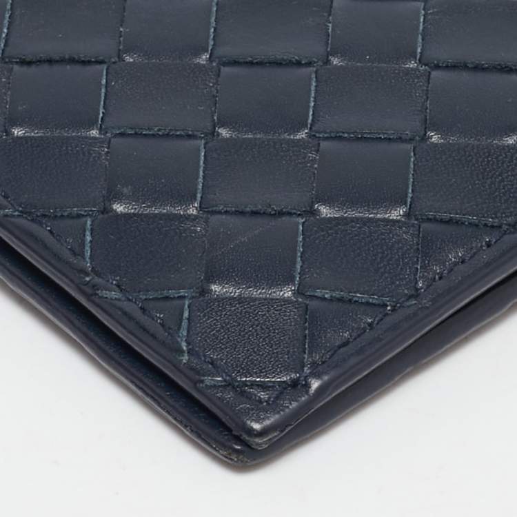 Pre Owned Bottega Veneta Navy Blue Intrecciato Leather Money Clip Bifold Wallet
