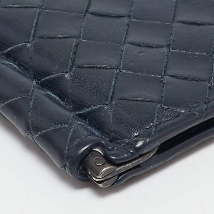 Pre Owned Bottega Veneta Navy Blue Intrecciato Leather Money Clip Bifold Wallet