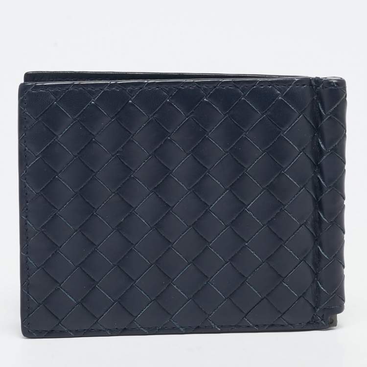 Pre Owned Bottega Veneta Navy Blue Intrecciato Leather Money Clip Bifold Wallet