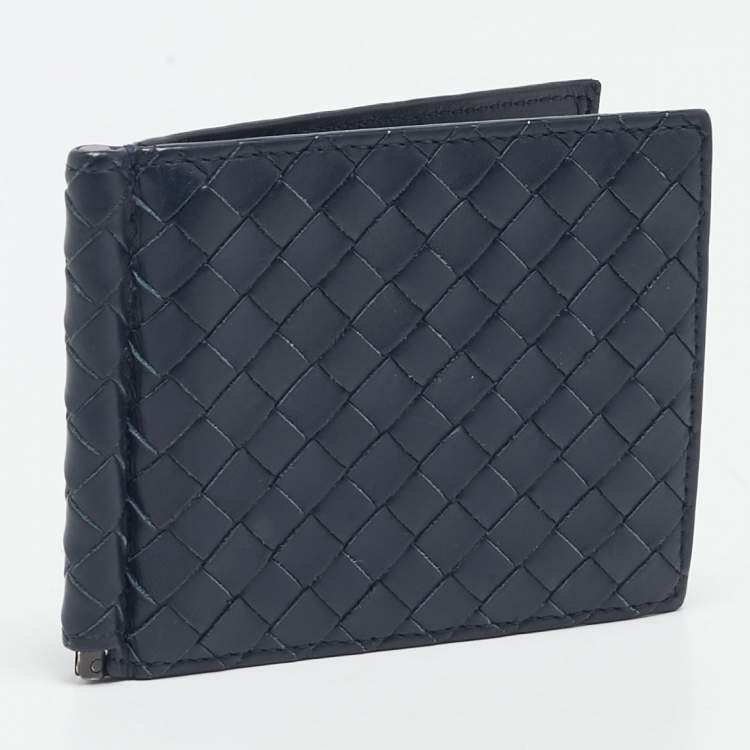 Pre Owned Bottega Veneta Navy Blue Intrecciato Leather Money Clip Bifold Wallet
