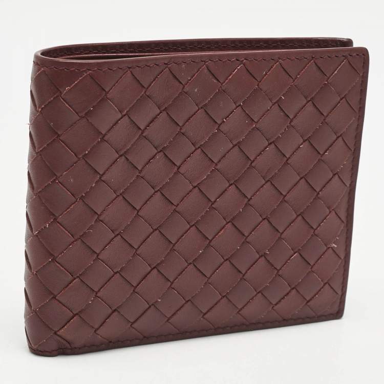 Pre Owned Bottega Veneta Burgundy Intrecciato Leather Bifold Wallet