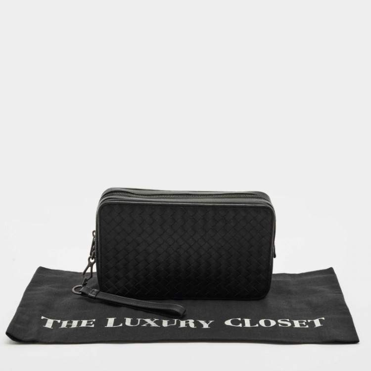 Pre Owned Bottega Veneta Black Intrecciato Leather Double Zip Wristlet Pouch