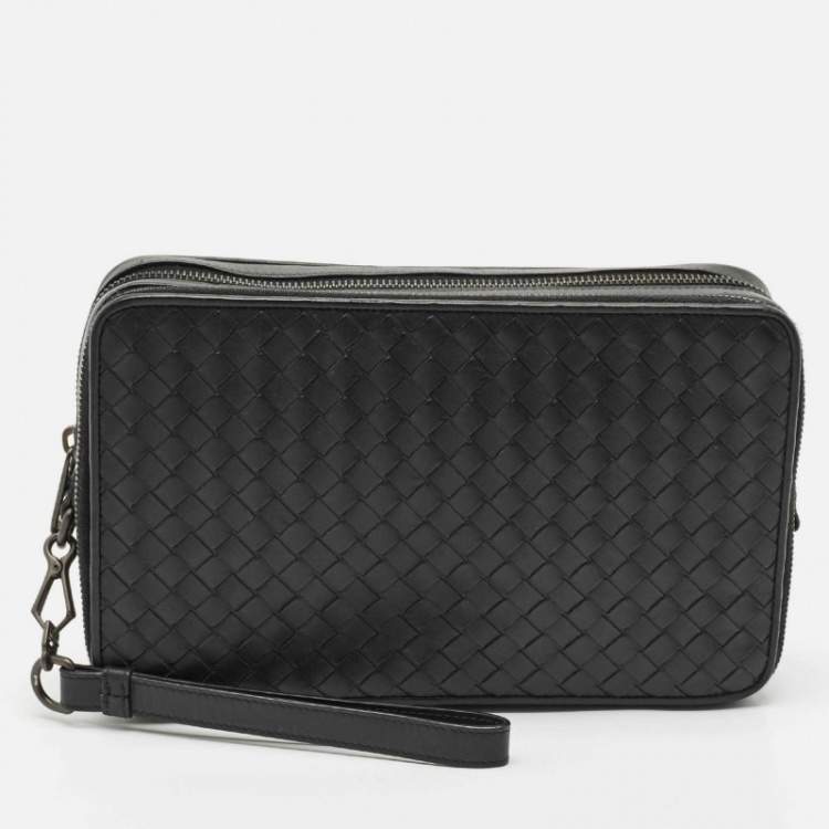 Pre Owned Bottega Veneta Black Intrecciato Leather Double Zip Wristlet Pouch