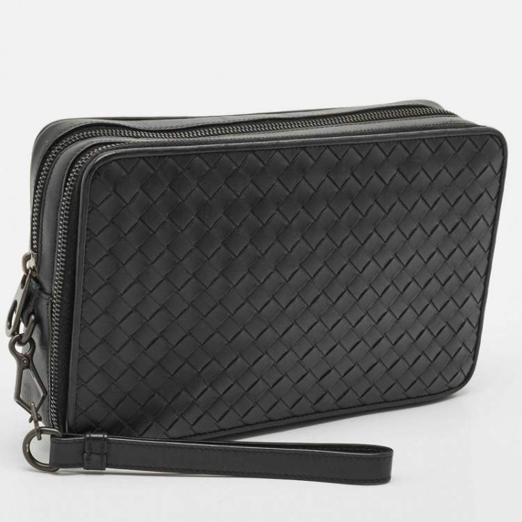 Pre Owned Bottega Veneta Black Intrecciato Leather Double Zip Wristlet Pouch