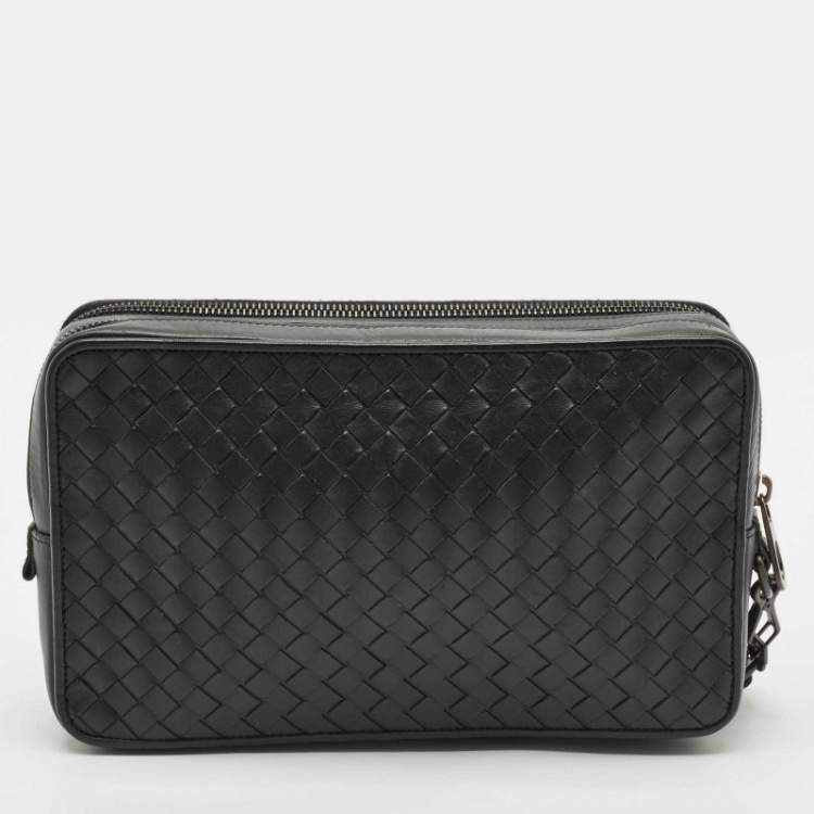 Pre Owned Bottega Veneta Black Intrecciato Leather Double Zip Wristlet Pouch
