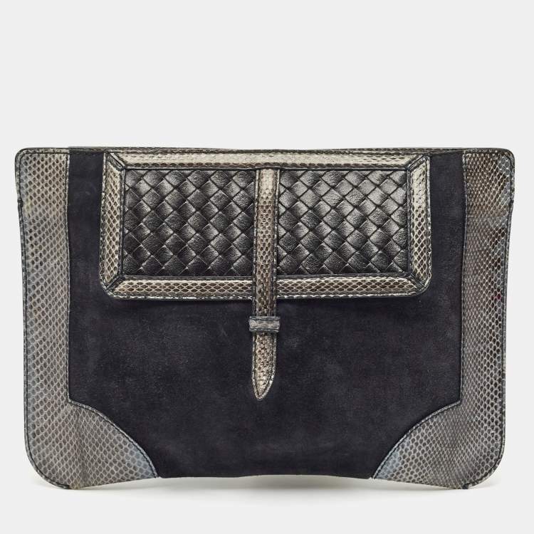 Pre Owned Bottega Veneta Midnight Blue/Black Snakeskin and Suede Flat Zip Pouch