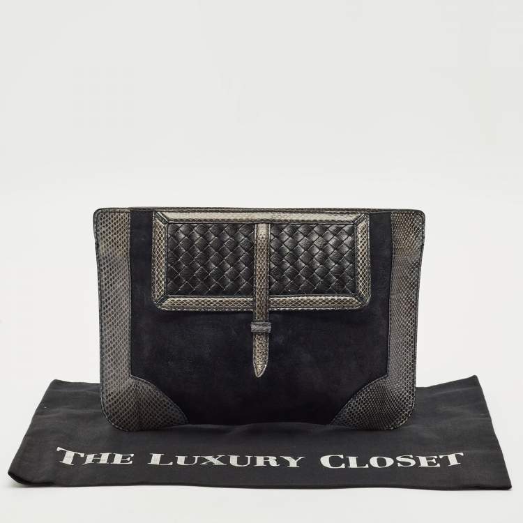 Pre Owned Bottega Veneta Midnight Blue/Black Snakeskin and Suede Flat Zip Pouch