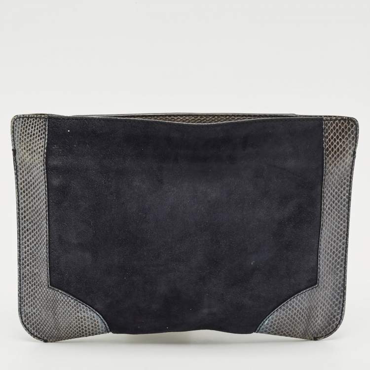 Pre Owned Bottega Veneta Midnight Blue/Black Snakeskin and Suede Flat Zip Pouch