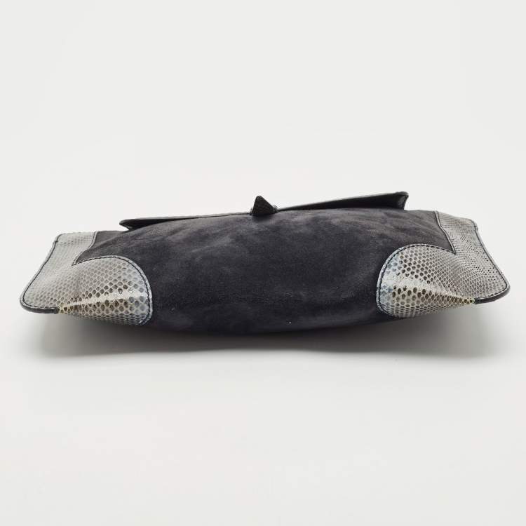 Pre Owned Bottega Veneta Midnight Blue/Black Snakeskin and Suede Flat Zip Pouch