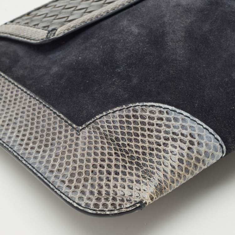 Pre Owned Bottega Veneta Midnight Blue/Black Snakeskin and Suede Flat Zip Pouch