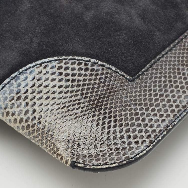 Pre Owned Bottega Veneta Midnight Blue/Black Snakeskin and Suede Flat Zip Pouch