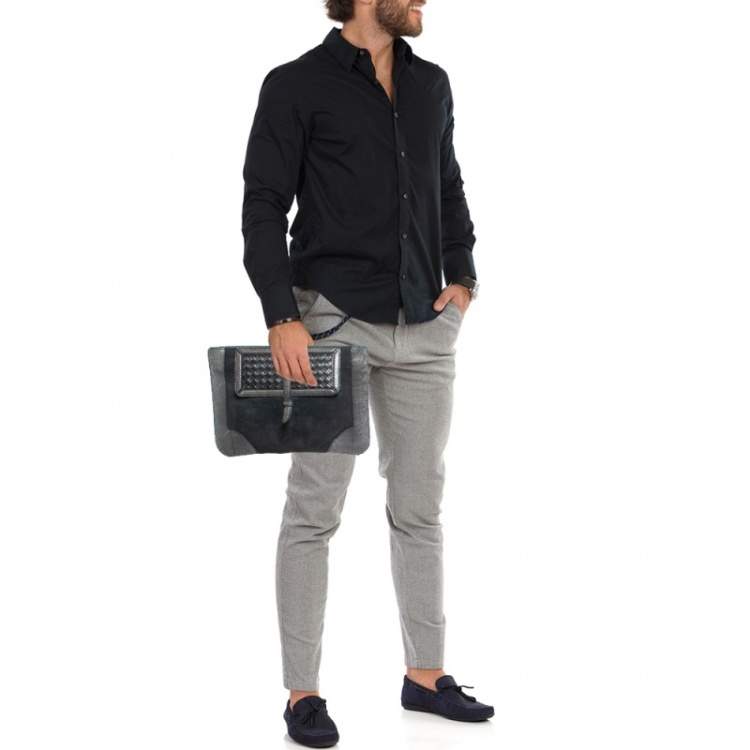 Pre Owned Bottega Veneta Midnight Blue/Black Snakeskin and Suede Flat Zip Pouch