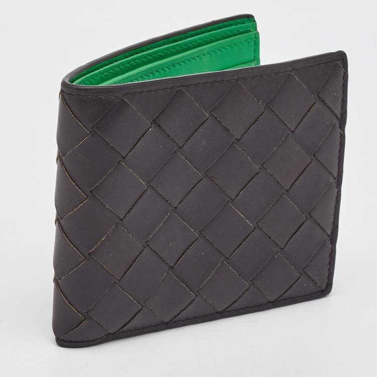 Pre Owned Bottega Veneta Dark Brown Intrecciato Leather Bifold Wallet