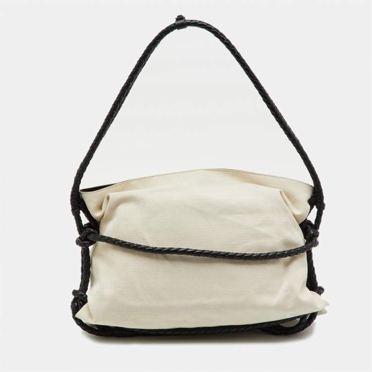 Pre Owned Bottega Veneta Beige/Black Canvas and Leather Quadronno Bag