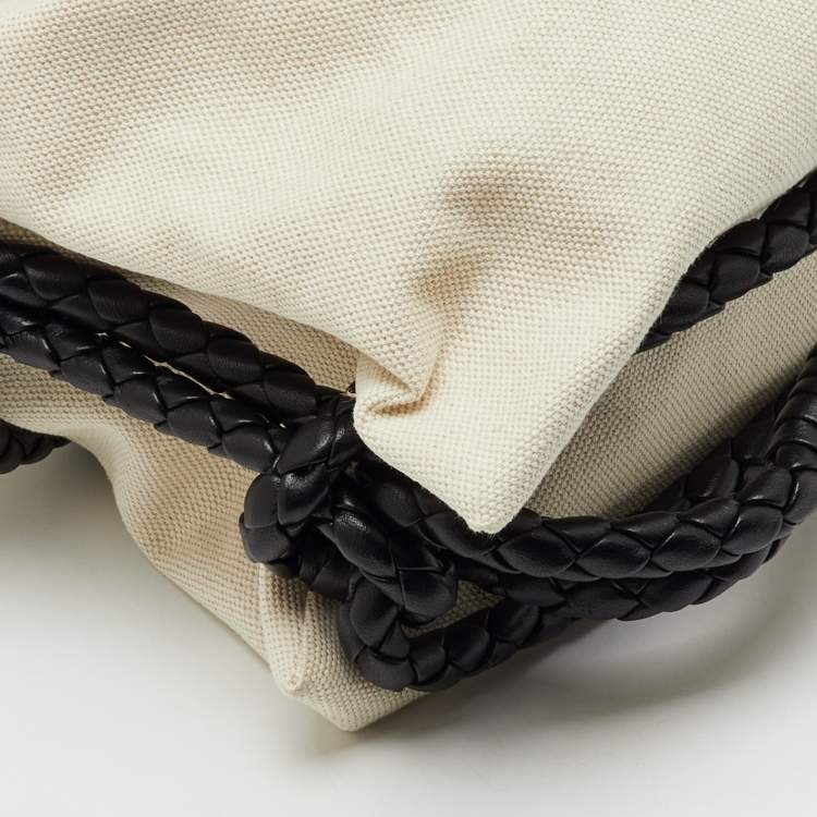 Pre Owned Bottega Veneta Beige/Black Canvas and Leather Quadronno Bag