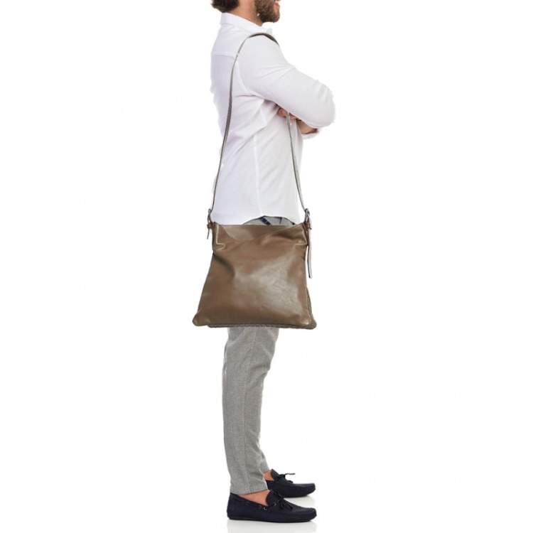Pre Owned Bottega Veneta Dark Beige Leather Messenger Bag