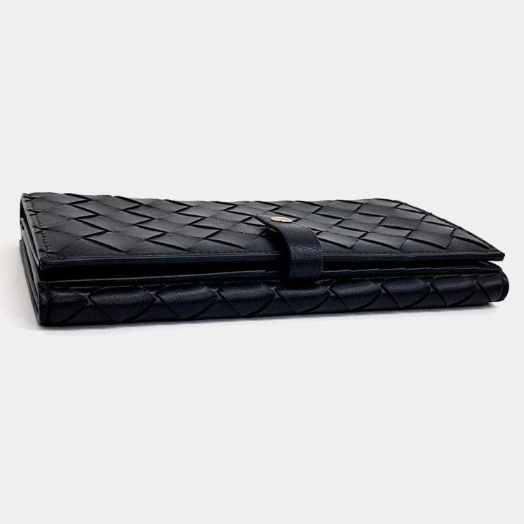 Pre Owned Bottega Veneta Black Leather Mesh Long Wallet