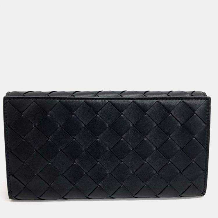 Pre Owned Bottega Veneta Black Leather Mesh Long Wallet