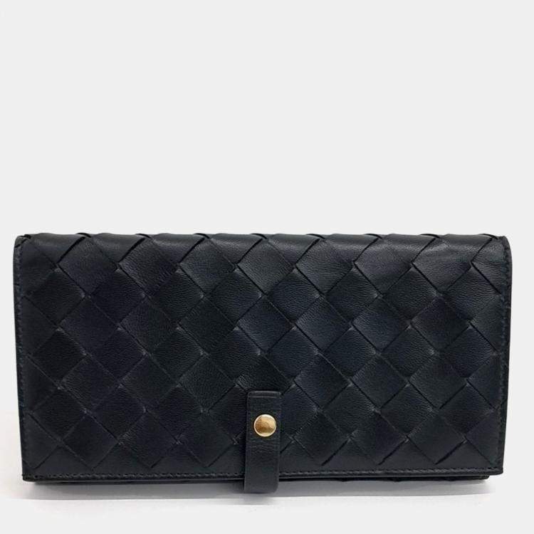 Pre Owned Bottega Veneta Black Leather Mesh Long Wallet
