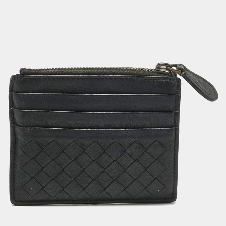 Pre Owned Bottega Veneta Black Intrecciato Leather Zip Card Holder
