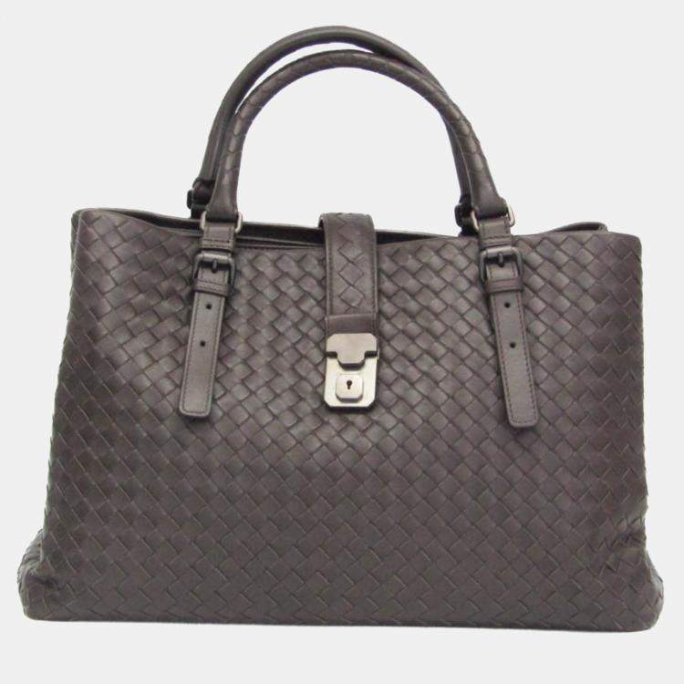 Pre Owned Bottega Veneta Intrecciato Leather Handbag Tote Bag Dark Brown