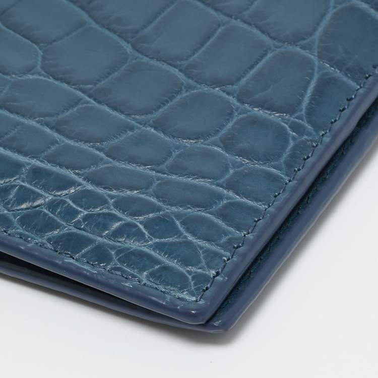 Pre Owned Bottega Veneta Blue Crocodile Bifold Wallet