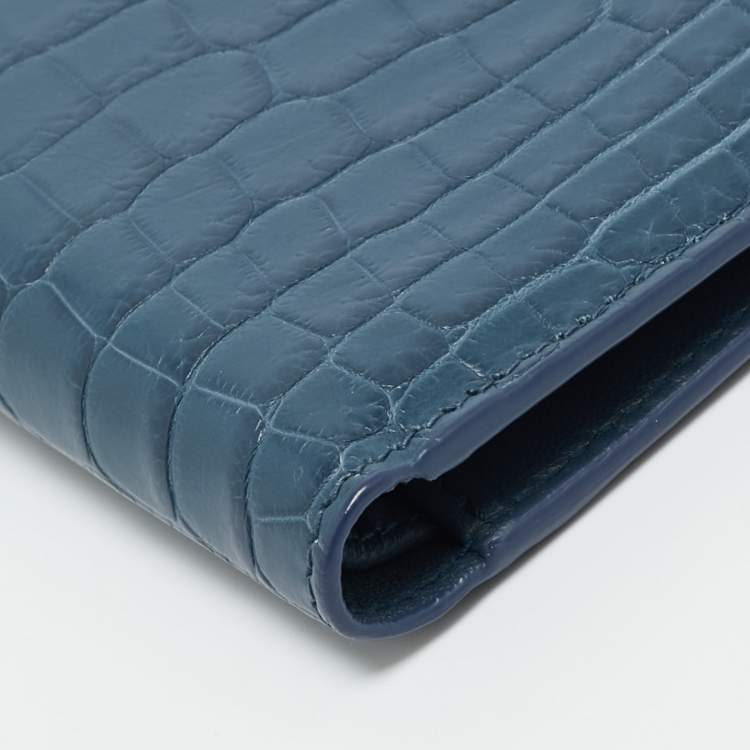Pre Owned Bottega Veneta Blue Crocodile Bifold Wallet