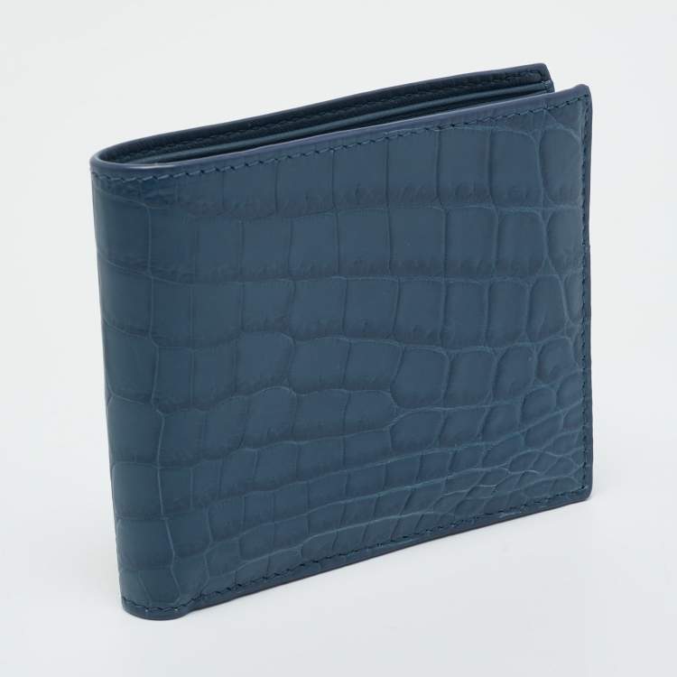 Pre Owned Bottega Veneta Blue Crocodile Bifold Wallet