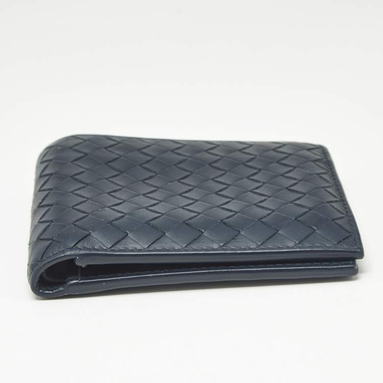 Pre Owned Bottega Veneta Navy Blue Intrecciato Leather Bifold Wallet