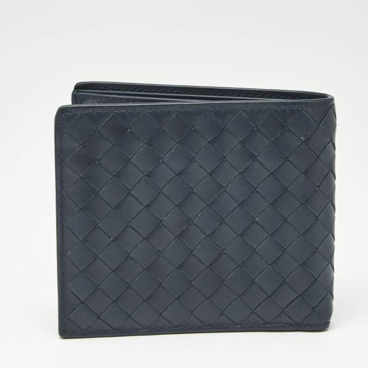 Pre Owned Bottega Veneta Navy Blue Intrecciato Leather Bifold Wallet