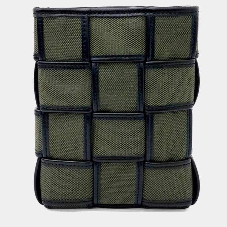 Pre Owned Bottega Veneta Black Green Canvas and Leather Cassette Phone Pouch