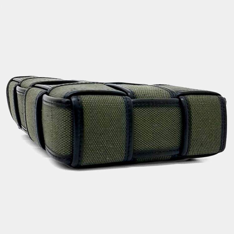 Pre Owned Bottega Veneta Black Green Canvas and Leather Cassette Phone Pouch