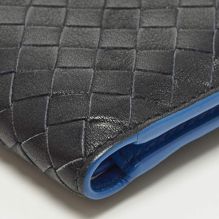 Pre Owned Bottega Veneta Black/Blue Intrecciato Leather Bifold Wallet