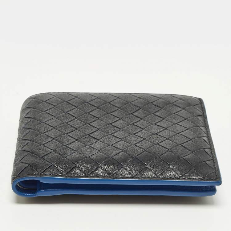 Pre Owned Bottega Veneta Black/Blue Intrecciato Leather Bifold Wallet