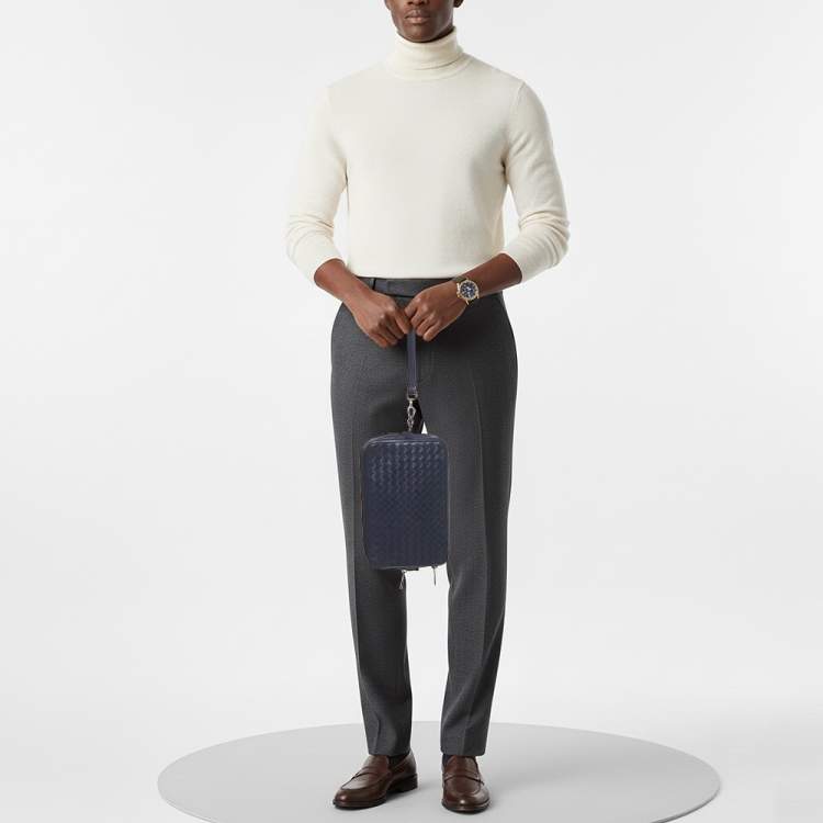 Pre Owned Bottega Veneta Navy Blue Intrecciato Leather Travel Zip Pouch