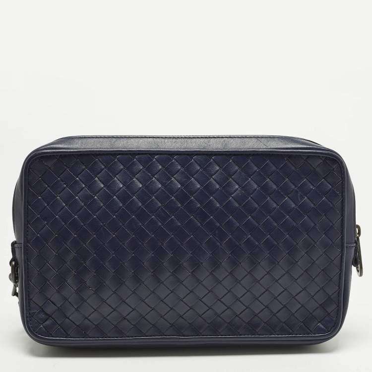 Pre Owned Bottega Veneta Navy Blue Intrecciato Leather Travel Zip Pouch
