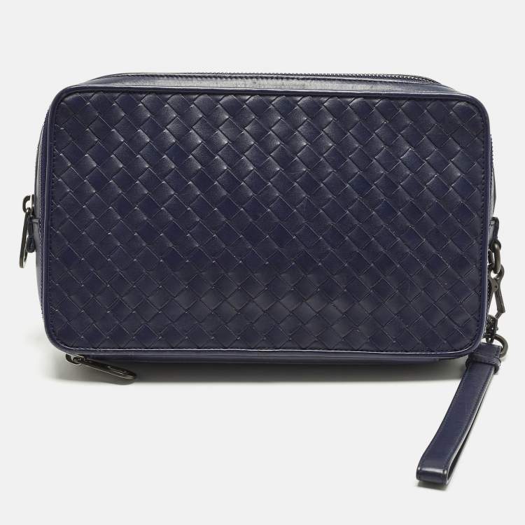 Pre Owned Bottega Veneta Navy Blue Intrecciato Leather Travel Zip Pouch