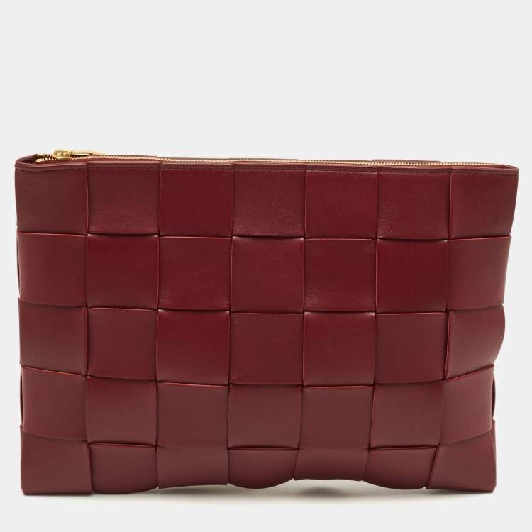Pre Owned Bottega Veneta Cassette Burgundy Intreccio Leather Pouch