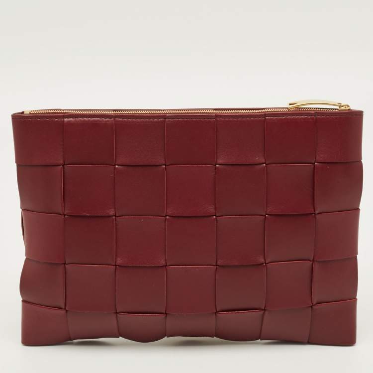 Pre Owned Bottega Veneta Cassette Burgundy Intreccio Leather Pouch