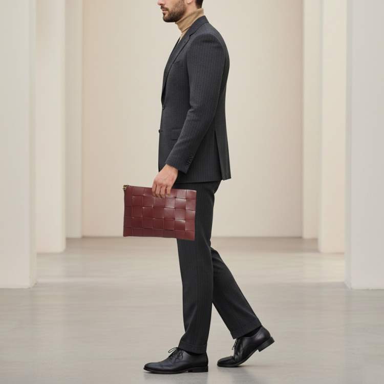 Pre Owned Bottega Veneta Cassette Burgundy Intreccio Leather Pouch