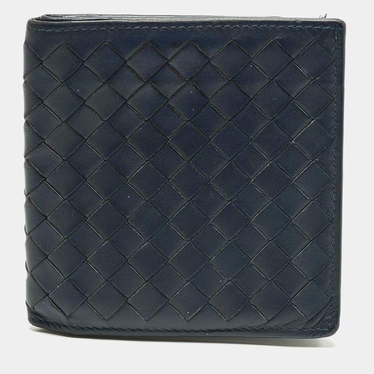 Pre Owned Bottega Veneta Navy Blue Intrecciato Leather Bifold Wallet