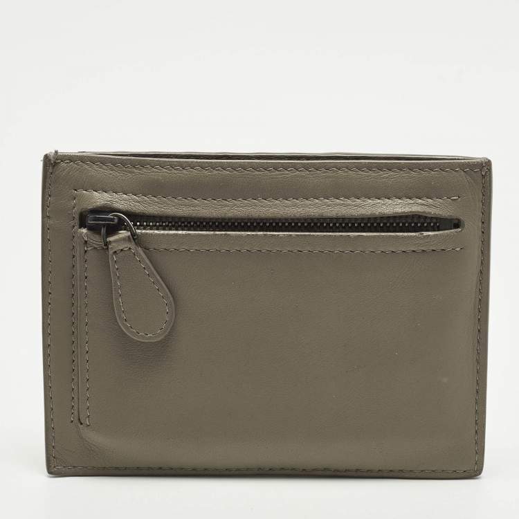 Pre Owned Bottega Veneta Beige Intrecciato Leather Zip Card Holder